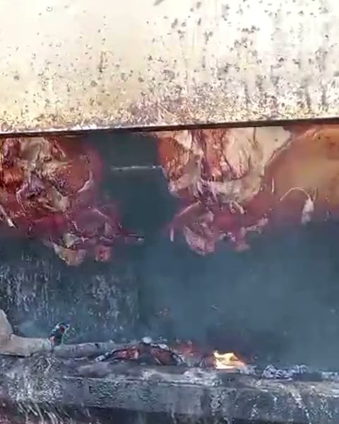 Chancho al palo dorándose sobre la brasa